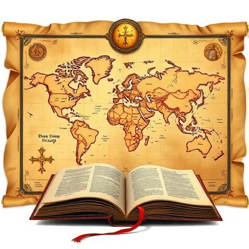 History of World Religion — ancient scroll with world map