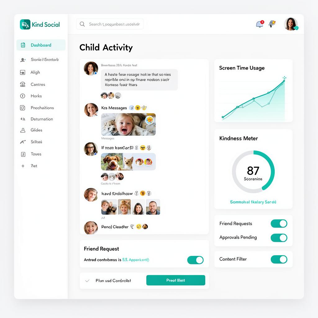Parental controls dashboard showing child activity, screen time, and kindness meter
